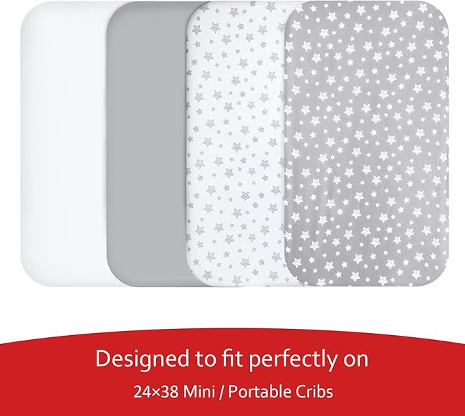Mini Portable Crib Sheets 4 Pack for Boys or Girls (38" X 24"), Compatible with Dream on Me, Delta Porta Crib and Arms Reach Ideal Cosleeper, Grey