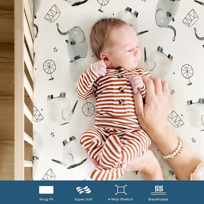 GRSSDER Pack n Play Sheets Fitted 3 Pack, Stretchy Ultra Soft Jersey Knit Pack and Play Sheets, Universal Fitted Portable/Mini Crib Mattresses Snug and Safe, Cute Elephant Print for Boys and Girls