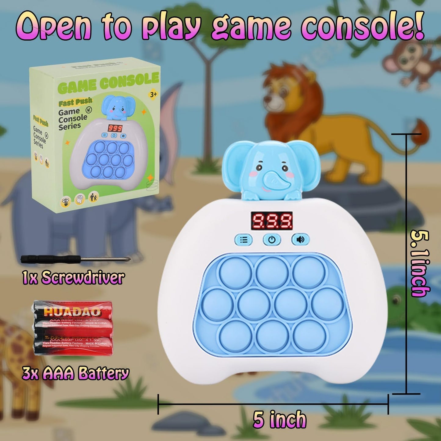 Quick Push Console Game, Pop Game Light up Fidget Toy, Handheld Puzzle Game Fast Push Bubble Game with Game Clearance Screen for Kids Teens Adults (Elephant)