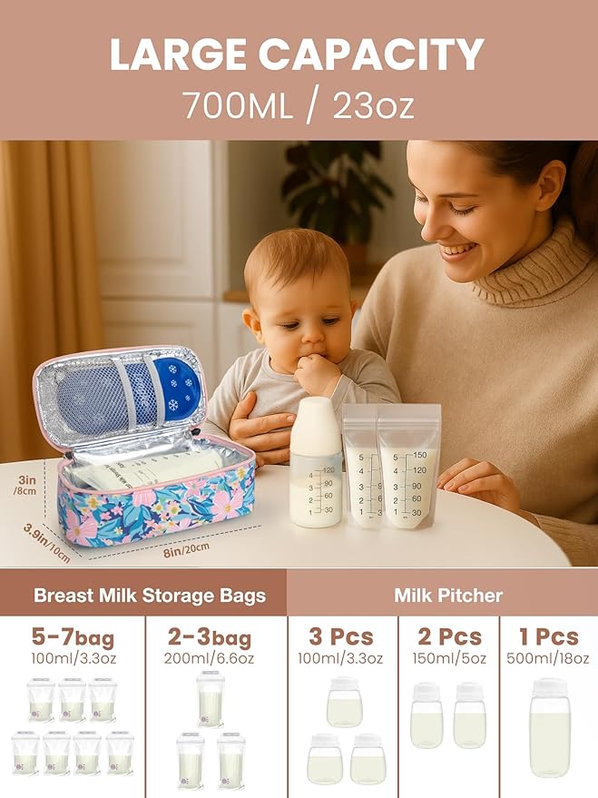 Breast Milk Cooler Travel Bag, Real-Time Temperature Display, Holds 4-6 Breastmilk Storage Bag with 2 Breast Milk Ice Pack, Cooling & Waterproof Portable Cooler for Moms on The Go(Pink Flower)