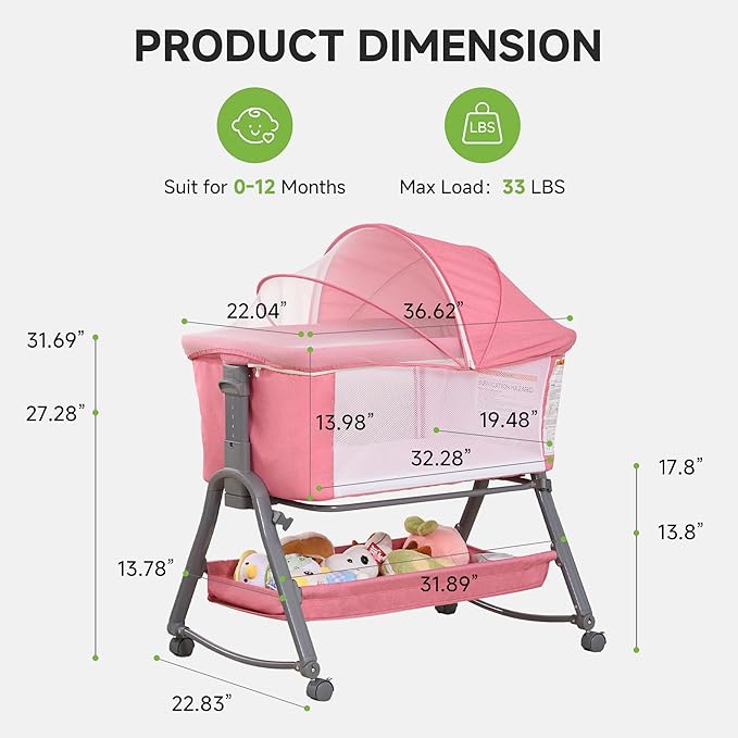 Real Relax Baby Bassinet Bedside Sleeper, 3 in 1 Bedside Crib with 6 Adjustable Height and Mosquito Nets, Portable Bedside Bassinet for Baby with Wheels, Easy to Fold, Included Mattress, Pink