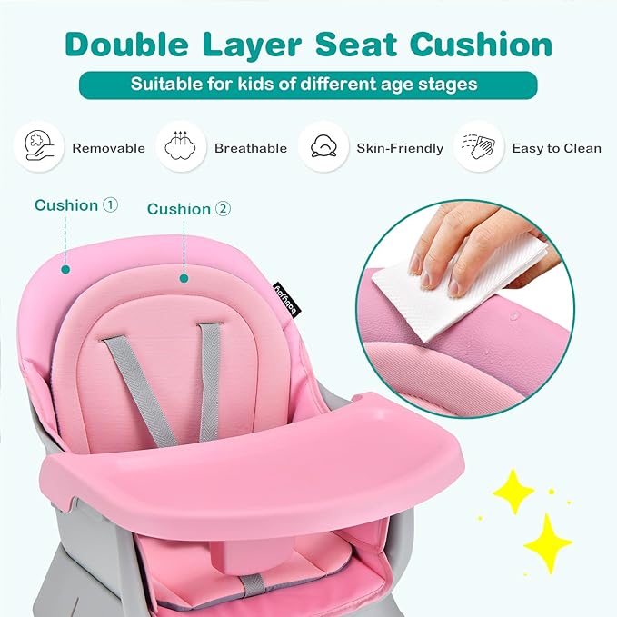 KOTEK Baby High Chair, 8 in 1 Convertible Highchairs for Babies and Toddlers, Building Block Table, Booster Seat, Toddler Chair with Removable Tray, Safety Harness, Dual Cushions (Pink)