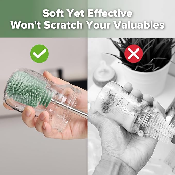 haakaa Silicone Cleaning Brush Kit - Baby Bottle Brush Cleaner for Breast Pump,Nipple,Breast Milk Storage Bag,Reusable Straw,Sippy Cup - Food Grade Silicone Bristles, Portable - 3 Pcs - Pea Green