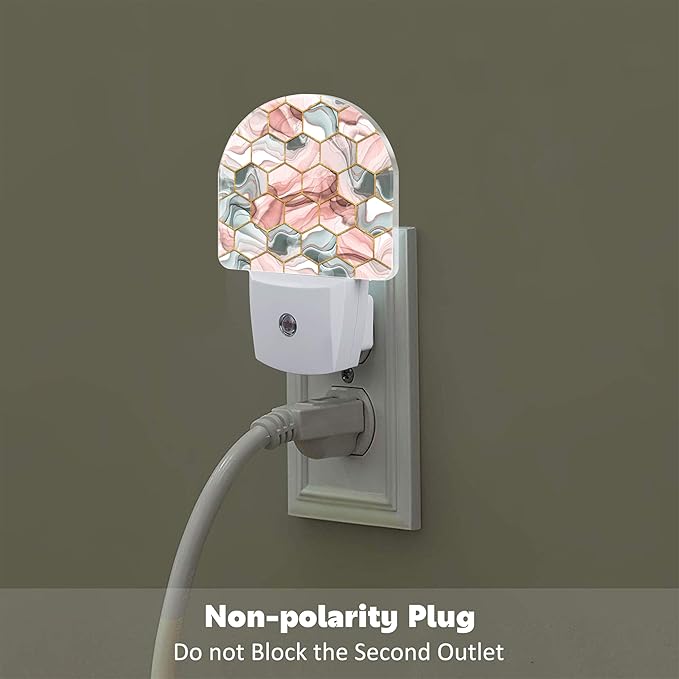 Red Gray Hexagon Marble Night Light Plug into Wall, Abstract Gold Liquid Marble Dusk to Dawn Night Light Plug in,0.5w Energy Saving Sleep Friendly NightLight for Kids Boys Girls Home Decor