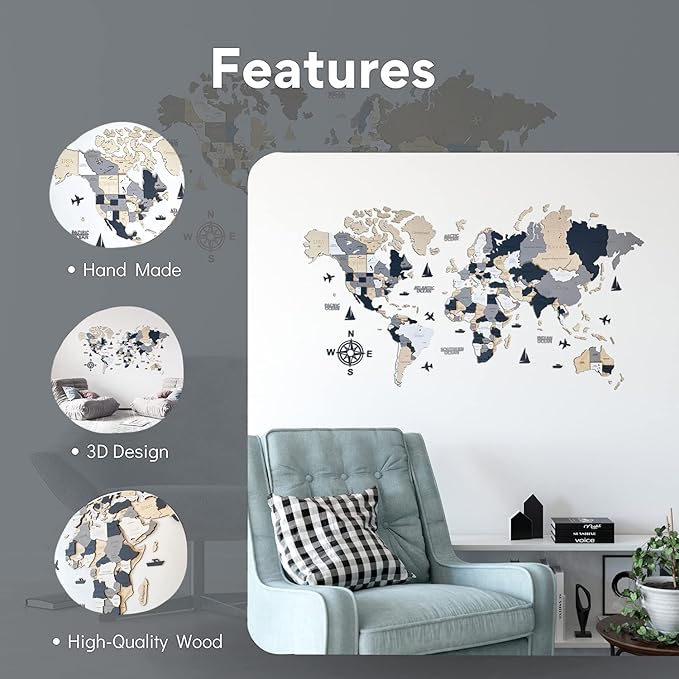 Wooden World Map 3D Art Large Wall Decor - Size (M, L, XL) Any Occasion Gift Idea - Wall Art For Home, Kitchen or Office (XL, ALASKA)