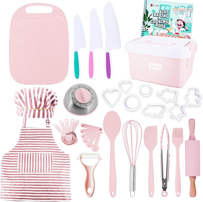 JoyTown Kids Cooking and Baking Set with Storage Case –Complete Cooking Supplies for The Junior Chef with Cookbook, Knives, Timer, Kids Baking Kit for Girls & Boys – Real Utensils Accessories - Pink