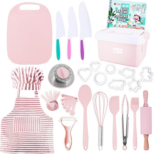 JoyTown Kids Cooking and Baking Set with Storage Case –Complete Cooking Supplies for The Junior Chef with Cookbook, Knives, Timer, Kids Baking Kit for Girls & Boys – Real Utensils Accessories - Pink