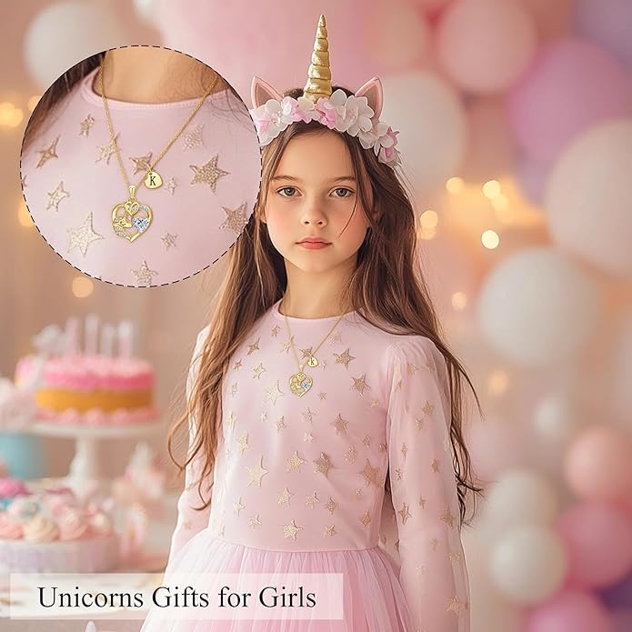 C-leen Unicorn Gifts for Girls Kids - Colorful CZ Heart Initial Necklaces Unicorn Necklace for Girls Jewelry Christmas Birthday Gifts for Little Girl