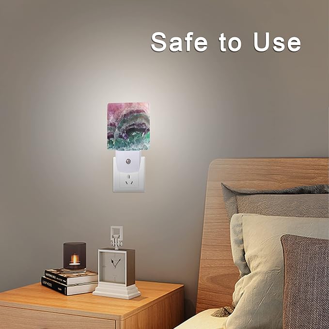 Color Pink Fluorite Crystal Stone Night Light Plug-in LED Nightlights Auto Sensor Night Lamp Dusk-to-Dawn Lamp Home Decor for Nursery Children Girls Boys