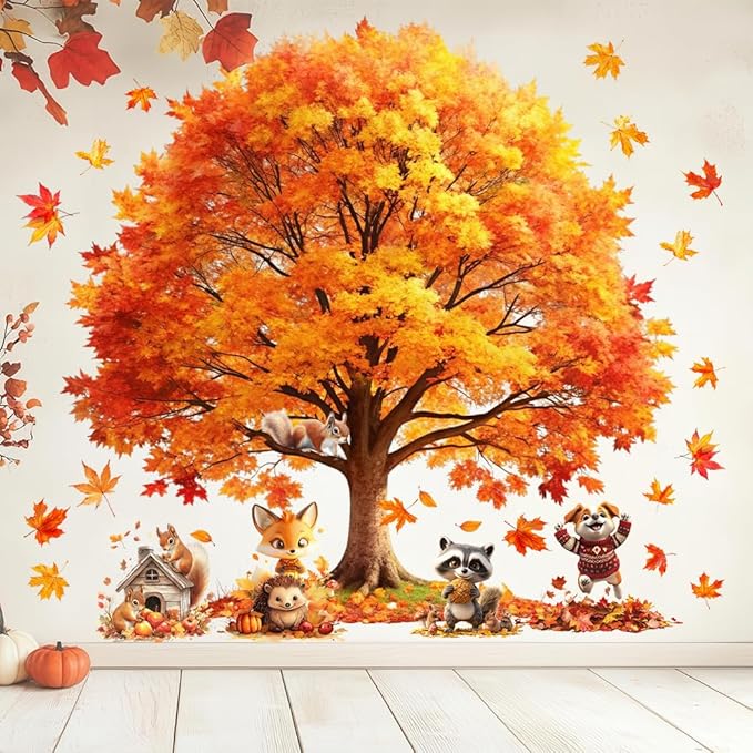 Autumn Window Clings | Fall Tree Pumpkin Fox Squirrel Owl Raccoon | Weather-Resistant Static Cling for Outdoor/Indoor Glass, Perfect for Porch & Window Décor Bundle Style-3
