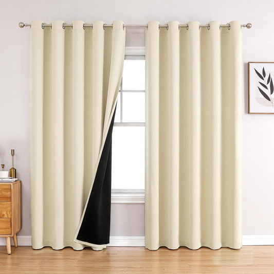 ChrisDowa 100% Blackout Curtains 84 inch Long for Bedroom with Black Liner, Extra Wide 2 Thick Layers Total Blackout Thermal Insulated Grommet Window Curtains 2 Panels Set (Light Beige, 60 x 84 Inch)