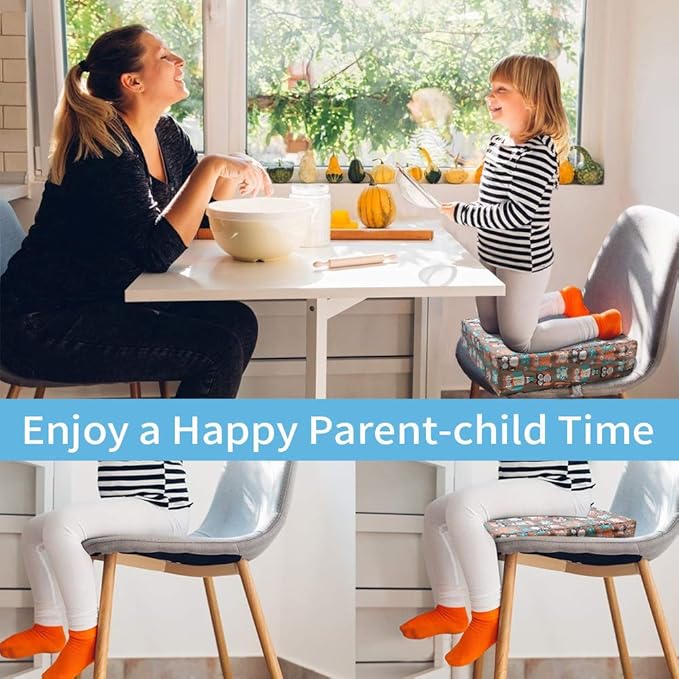 Taeku Booster Seat for Dining Table, Portable Kids Toddler Booster Chair Increasing Cushion Cartoon Seat Pad with 2 Safety Buckles for Kitchen Restaurant (Owl Orange)