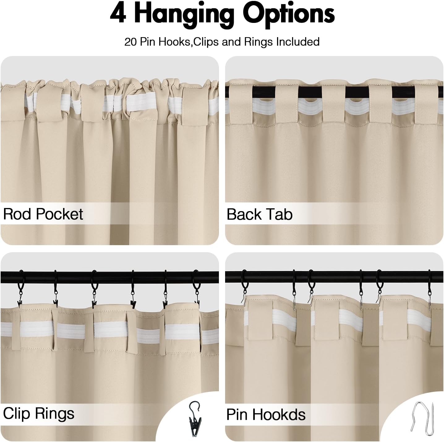 ANRODUO Back Tab Blackout Curtains for Bedroom Living Room, Rod Pocket Pinch Pleated Thermal Insulated Room Darkening Curtains 84 Inches Long 2 Panels, Cream Beige, 42 x 84 Inch