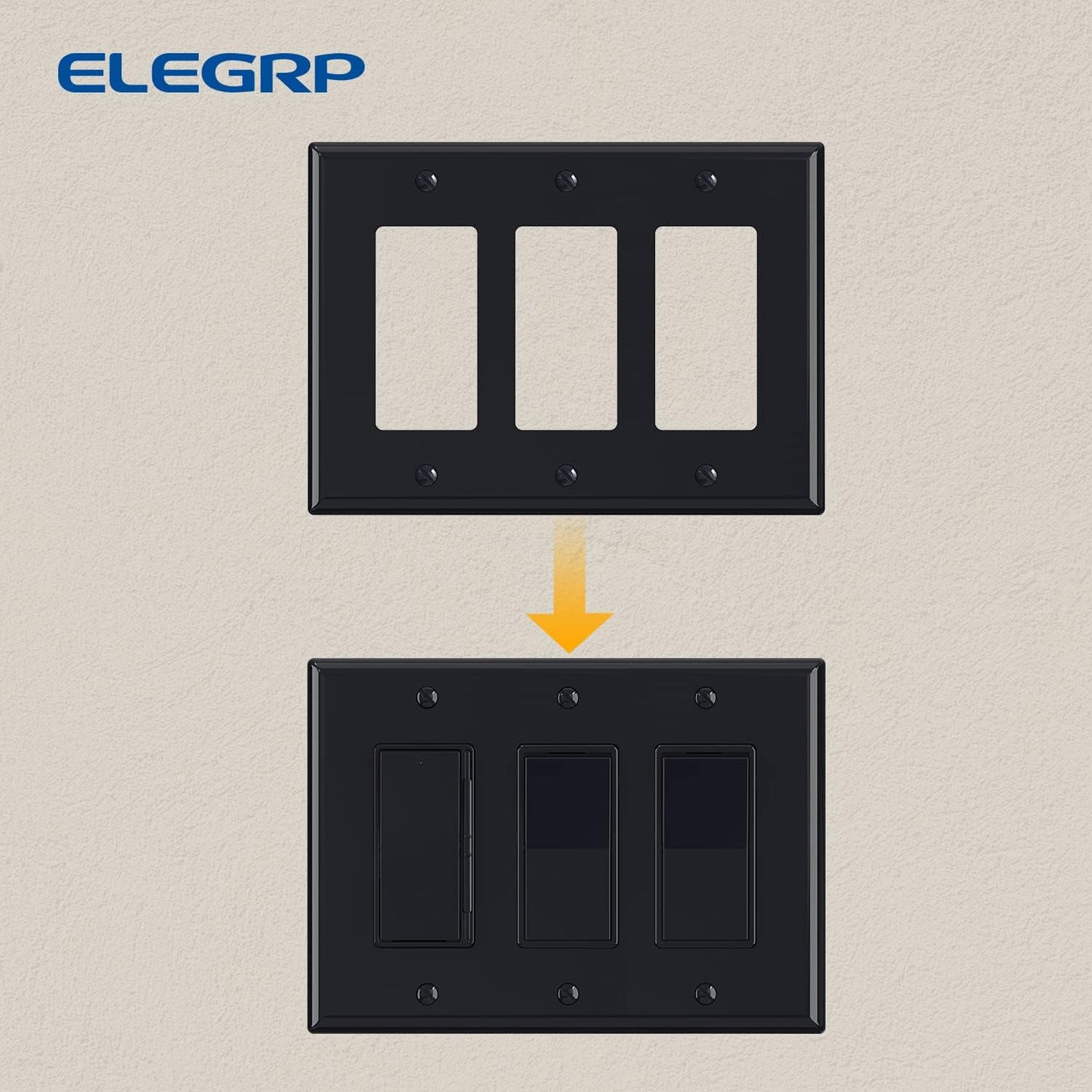 ELEGRP 3-Gang Decorative Wall Plates, Mid-Size 4.88" H x 6.75" L Unbreakable Thermoplastic Faceplate Cover for Decorator Receptacle Outlet Switch, UL Listed (2 Pack, Glossy Black)