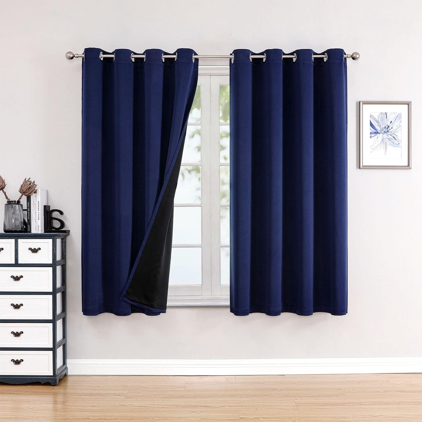ChrisDowa 100% Blackout Curtains for Bedroom with Black Liner, 2 Thick Layers Total Blackout Thermal Insulated Grommet Window Curtains 2 Panels Set (Navy Blue, 52 x 63 Inch)