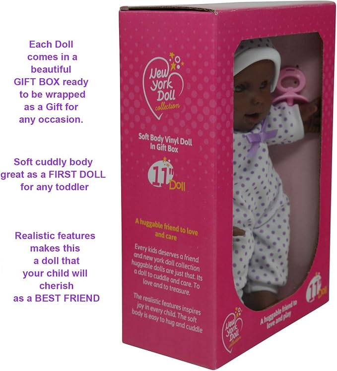 11 inch Soft Body African American Newborn Baby Doll in Gift Box - Doll Pacifier Included