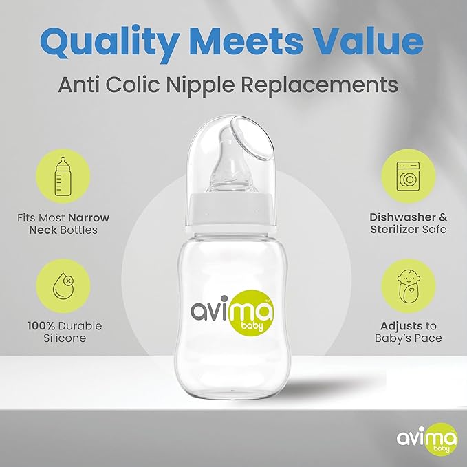Avima Anti-Colic Baby Bottles – 4 oz, Slow Flow Nipples – BPA-Free, Standard Neck – Stage 1 for 0–3 Months – Set of 6