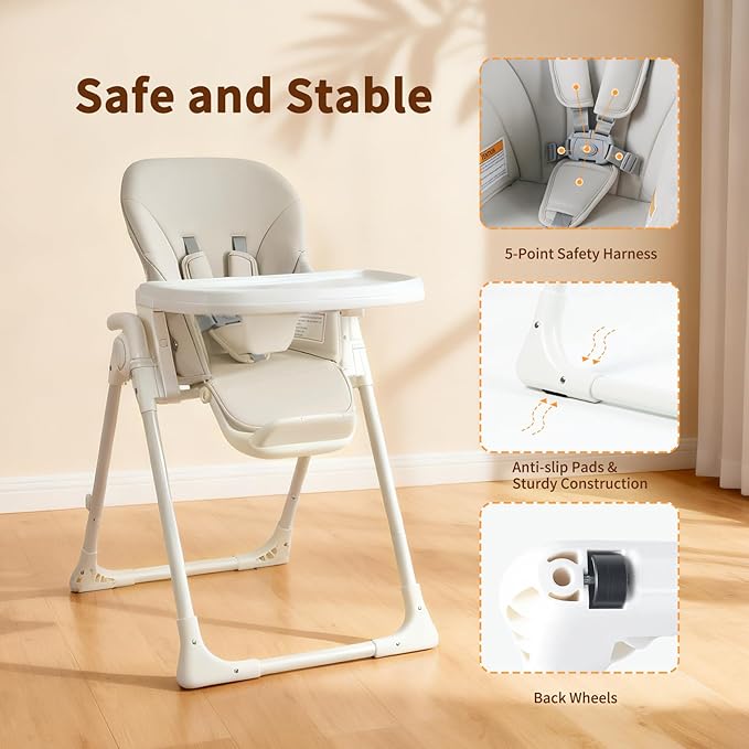 High Chair, Foldable High Chairs for Babies and Toddlers, Adjustable Height, Backrest and Footrest, Removable Tray, Beige