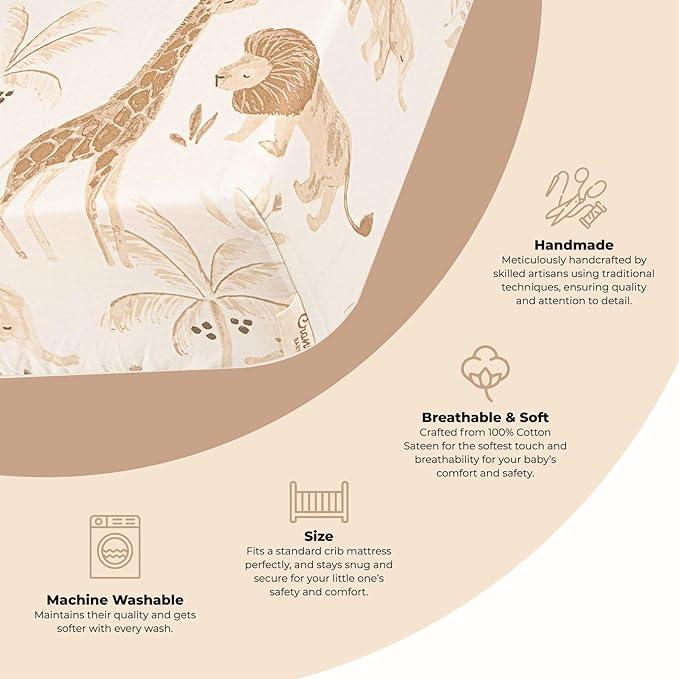 Crane Baby Safari Nursery Decor Crib Sheet, 100% Cotton Fitted Sheet for Standard Mattress 28in X 52in, Breathable Toddler Bed Sheet for Boys and Girls