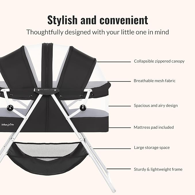 Dream On Me Karley Bassinet in Black, Lightweight Portable Baby Bassinet, Quick Fold and Easy to Carry, Adjustable Double Canopy, Indoor and Outdoor Bassinet with Large Storage Basket.