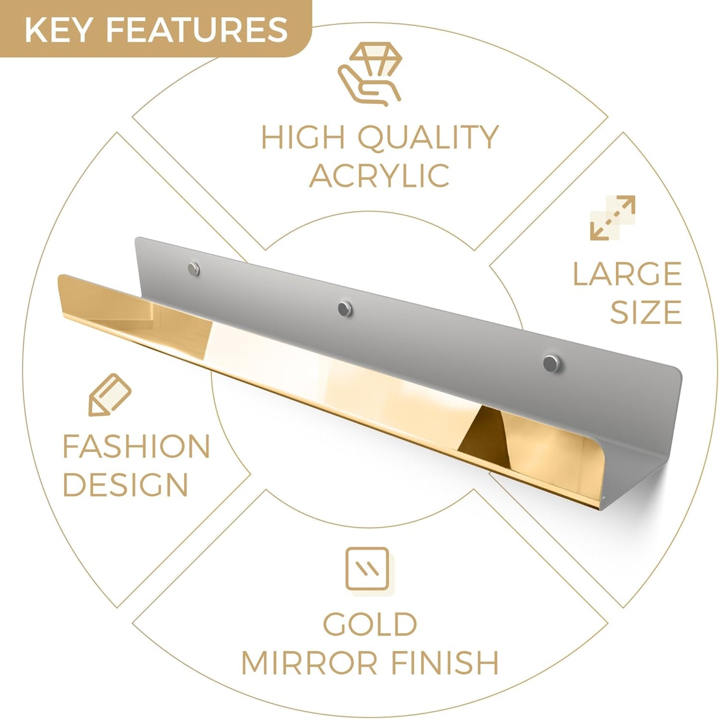 2 Pack 24 Inch Gold Reflective Acrylic Shelves, Gold Foating Shelves, Modern Sunglasses Essential Oil Picture Ledge Display Toy Storage Shelf