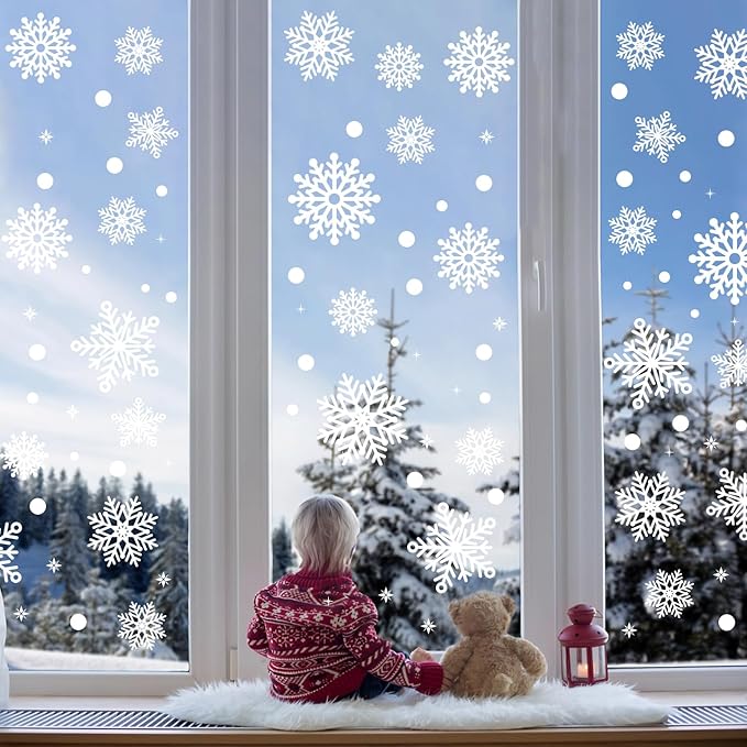 Christmas Window Static Cling Sticker, Snowflake Stickers Christmas Decorations, Waterproof Double-Sided Printed Xmas Window Clings Decals, Winter Stickers for Windows/Mirror/Fridge 3sheets