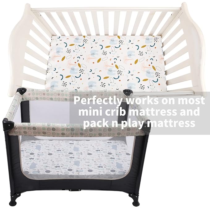 Onacosht Pack and Play Sheets 3 Pack for Baby Boy, Stretchy Jersey Knitted Portable Mini Crib Sheets Playard Mattress Cover, Woodland Animal Elephant Fox Lion Bear Giraffe Zebra Printing