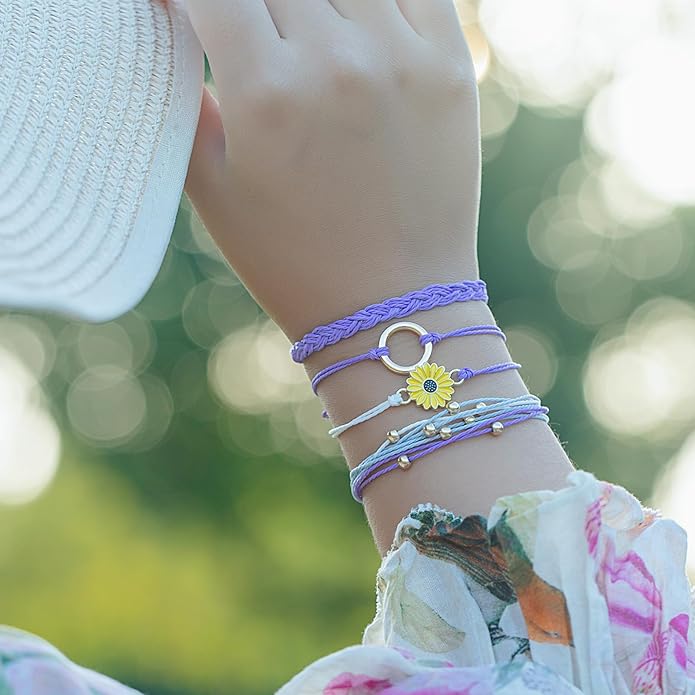 FANCY SHINY Sunflower String Bracelet Boho Braided Rope Wrap Bracelets Cute Summer Beach Surfer Jewelry for Women Christmas Gifts