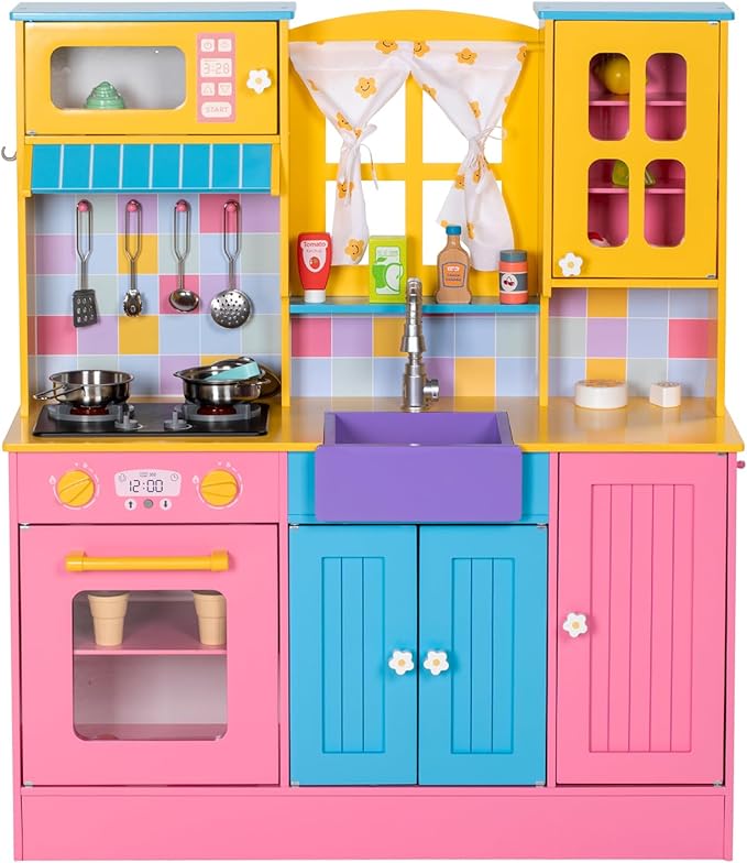Kids Kitchen Playset, Wooden Pretend Play Kitchen for Kids w/Faucet, Sink, Stove, Oven, Curtains, Cookware, Storage Cabinets, Toddler Role Play Toy Kitchen Set Gift for Girls Boys Ages 3+