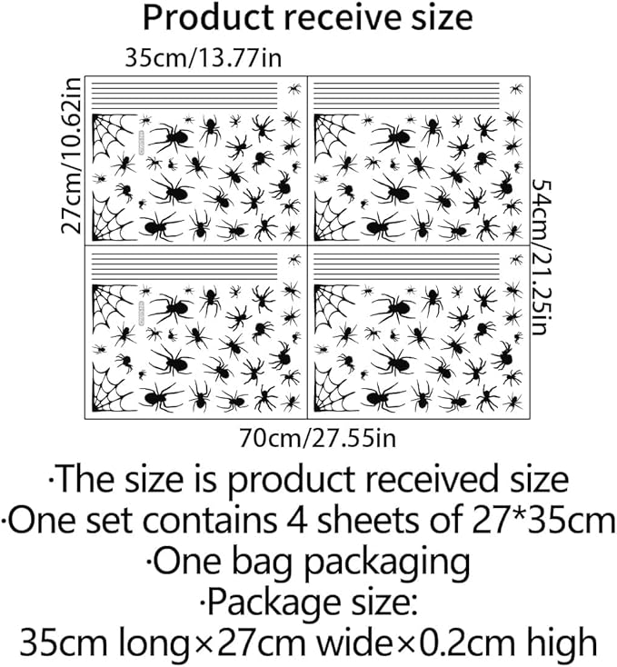 4 Sheets Spider Window Clings - Double-Sided Removable Glass Decals, Halloween Themed Window Stickers for Kids Party Decorations