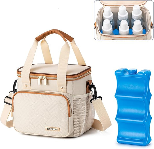 Breastmilk Cooler Bag with Ice Pack Fits 6 Baby Bottles up to 9 Ounce, Breast Milk Pump Cooler Bag for Nursing Mom Daycare, Work, Travel-Cream