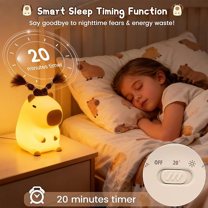 Cute Capybara Night Light with DIY Hairstyle ,Funny Squishy Silicone Animal Night Lamp, Dimmable/Timer Nursery Nightlight for Kids, Rechargeable Touch Bedside Lamp, Bedroom Decor, Baby Boys Girls Gift