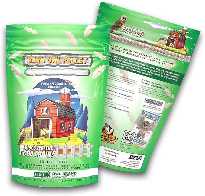 OBDK Barn Owl Pellets for Dissection - 10 Pack Medium Sized (1.5"-2.0") with Tools, Guide and Charts from Owl Brand Discovery Kits