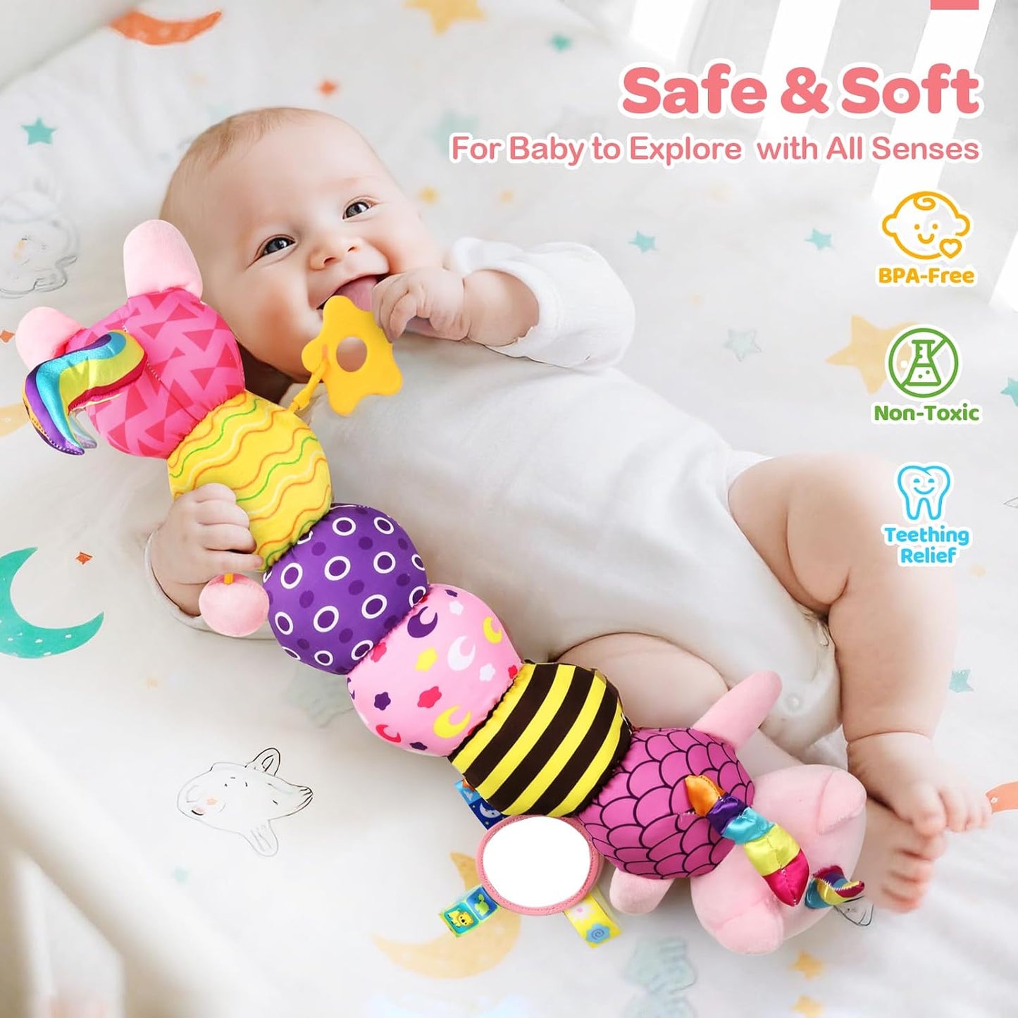 Baby Sensory Toys 0-6 6-12 Months, Musical Animal Stuffed Plush Unicorn Cat Toy for Infant 0-3-6 Months & Up, Tummy Time with Mirror Crinkle Rattle, Christmas Baby Shower Gifts for Newborn Boys Girls