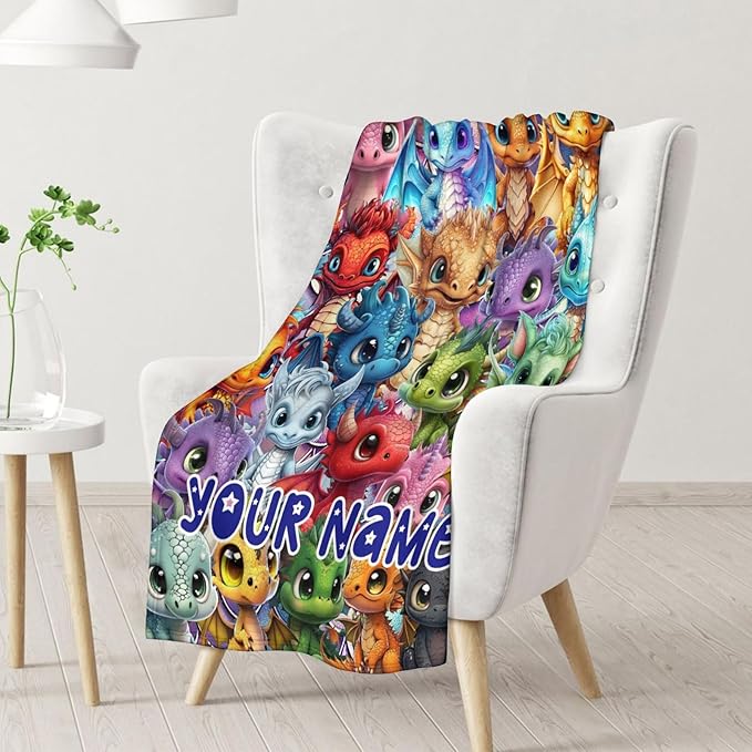Custom Dragon Blanket Gifts with Name - 50x60 Inches Funny Throw Blanket for Babies, Kids, Boys & Girls - Colorful Soft Fuzzy Blankets for Couch, Sofa & Bed