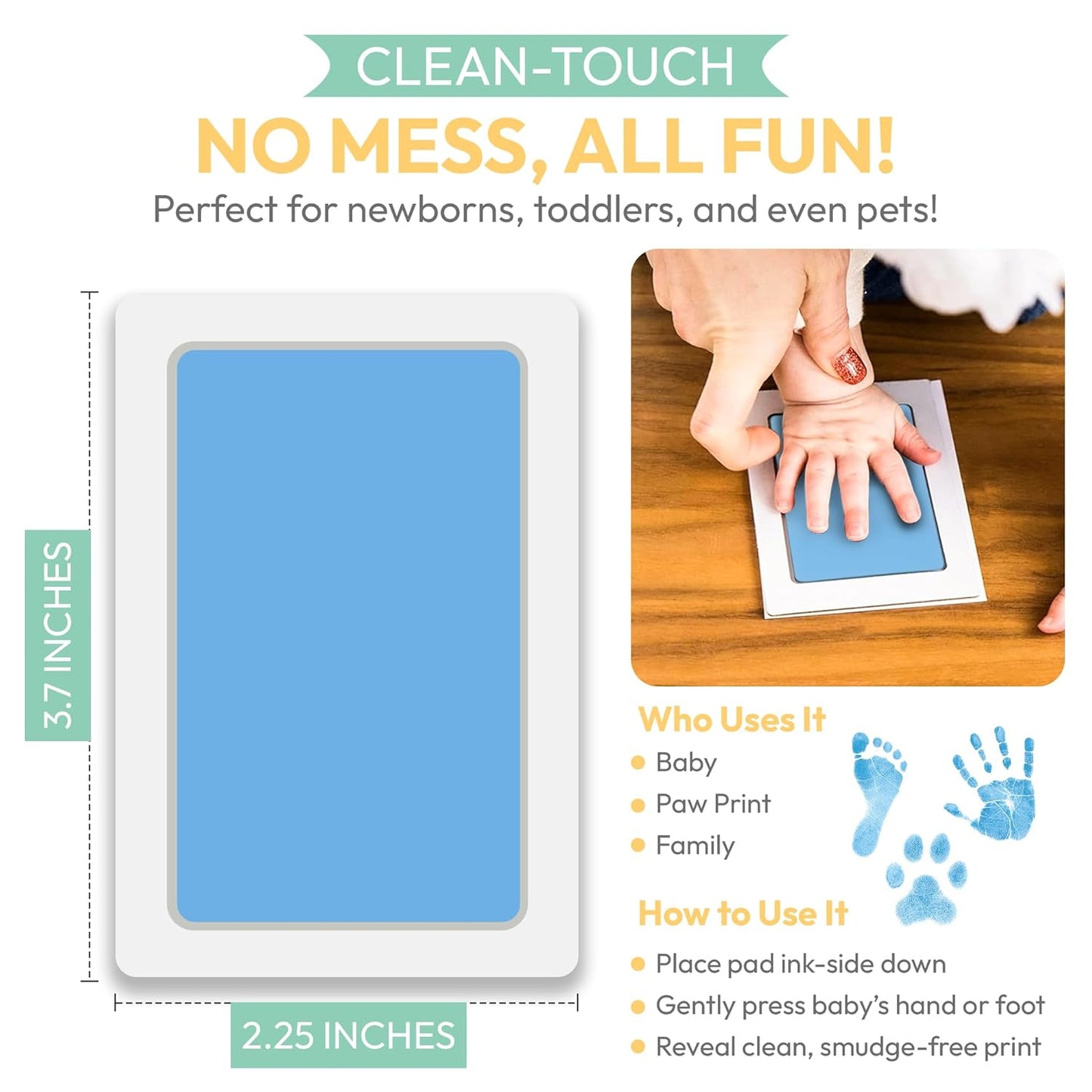 Clean Touch Ink Pad for Baby Handprints and Footprints – Inkless Infant Hand & Foot Stamp – Safe for Babies, Doesn’t Touch Skin – Perfect Family Memory or Gift – Blue Print Kit by Tiny Gifts