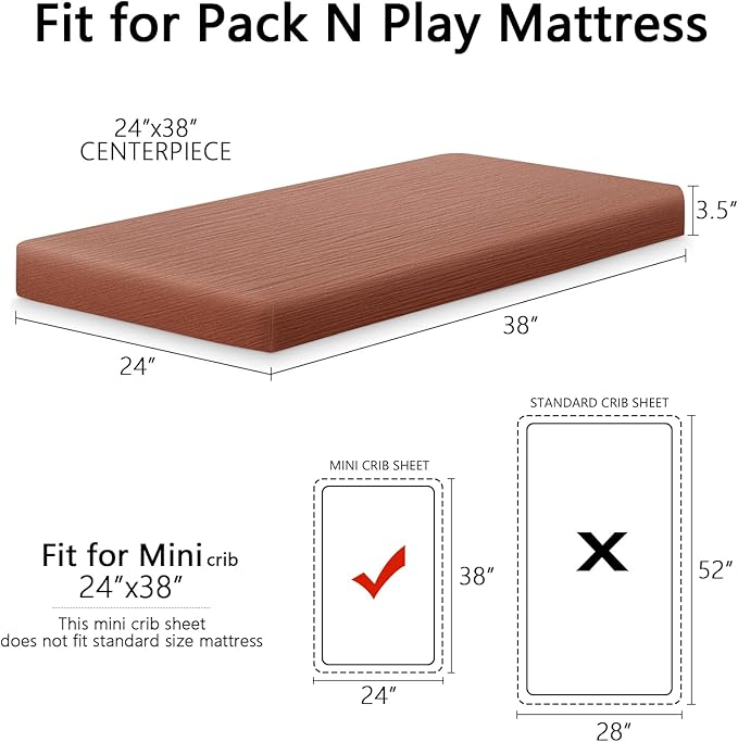 2 Pack Soft Muslin Baby Mini Crib Sheets, 100% Cotton Breathable Double Layer Fitted Sheets for Mini Crib and Pack N Play Mattresses 24x38 Inches, for Baby Girls and Boys (White & Brick