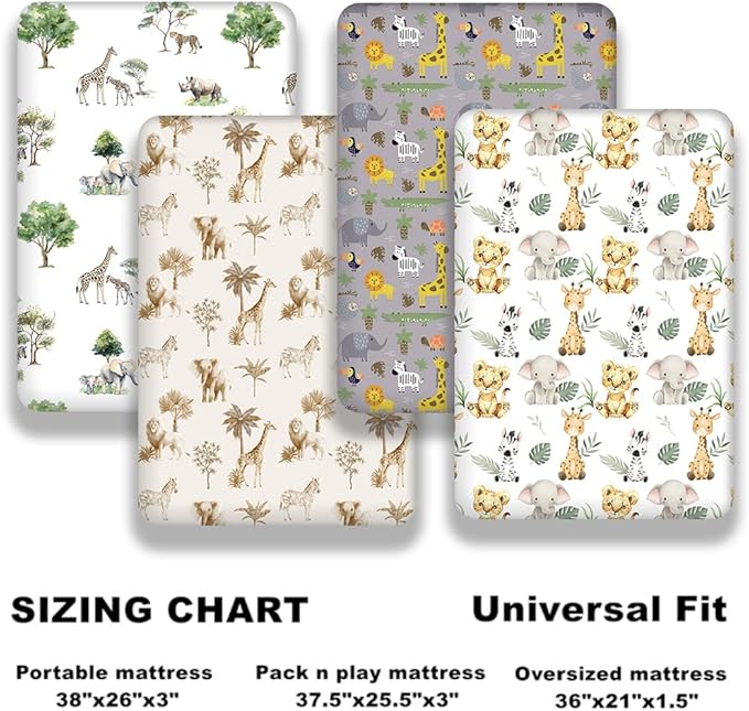 4 Pack Safari Jungle Animals Neutral Unisex Fitted Nursery Baby Sheets Set Toddler Mattress Sheets for Baby Boys or Girls (Pack N Play Sheets)