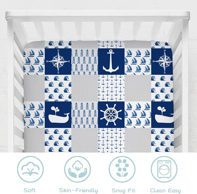 Navy Nautical Life Baby Crib Fitted Sheet 52''x28'' Sea Marine Lighthouse Compass Whale Fitted Crib Mattress Sheet for Boy Girl Nursery Bed Sheets for Standard Crib and Toddler Mattress