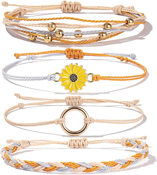 FANCY SHINY Sunflower String Bracelet Boho Braided Rope Wrap Bracelets Cute Summer Beach Surfer Jewelry for Women Christmas Gifts