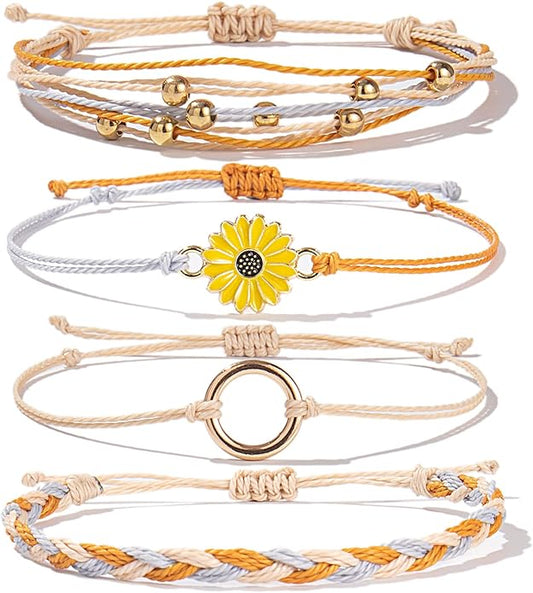 FANCY SHINY Sunflower String Bracelet Boho Braided Rope Wrap Bracelets Cute Summer Beach Surfer Jewelry for Women Christmas Gifts
