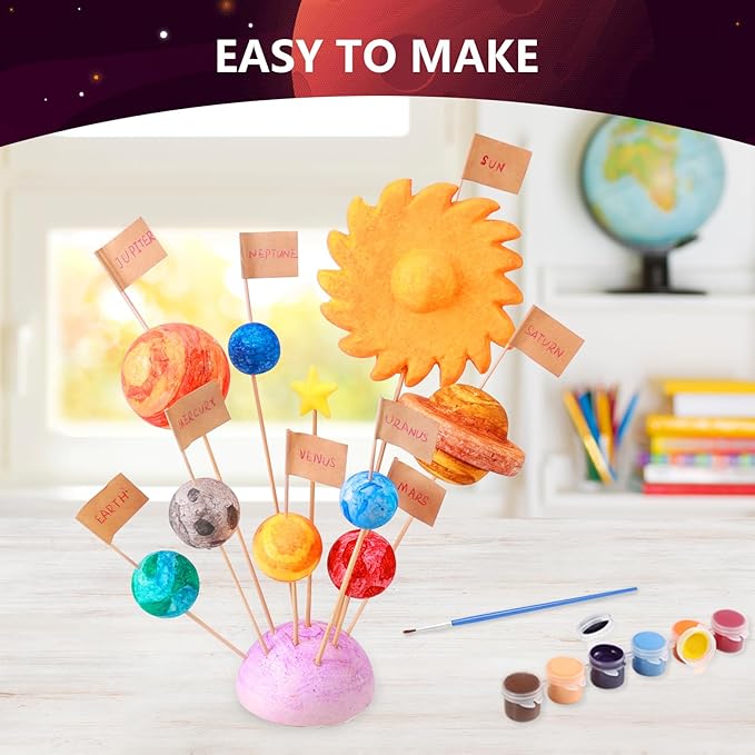 Ayfjovs 56PCS Solar System Foam Balls Crafts for Kids School Projects to Learn Planets, Includes 20pcs Mixed Sizes Polystyrene Balls, Color Pigments, Flags, Painting Brushes, Bamboo Sticks for DIY