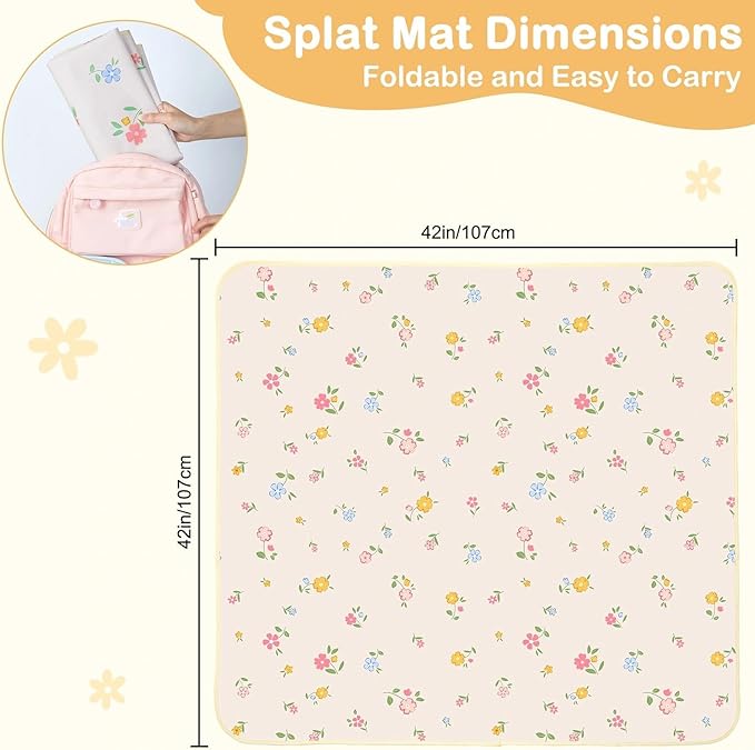 Splat Mat for Under High Chair 42 x 42 Inch Waterproof Baby Splash Mat with Non Slip Bottom Reusable Portable Highchair Mat for Floor Food Catcher for High Chair, Yellow Pink Floral