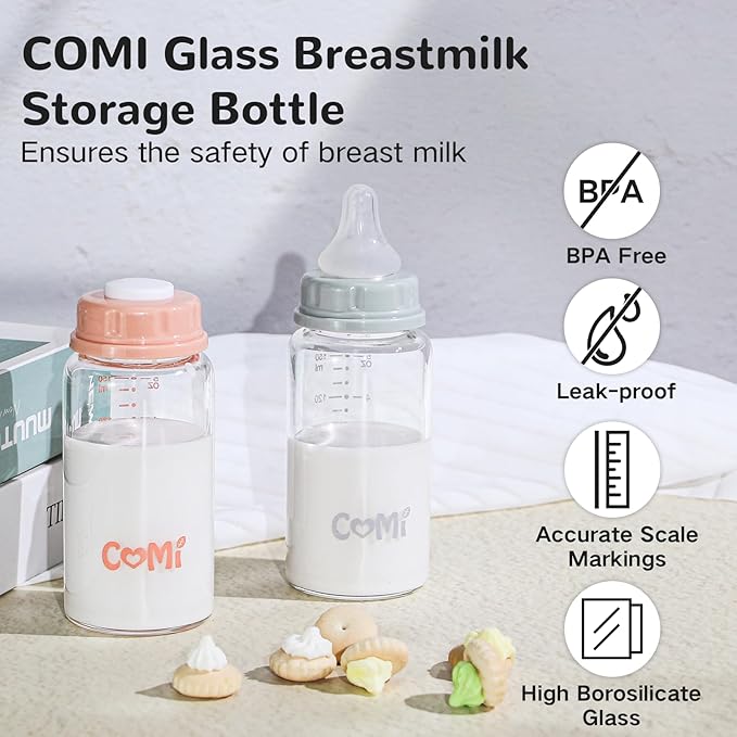 COMI Natural Glass Baby Bottle,Standard Neck Breastmilk Storage Bottle for Fridge,Breast Milk Container,Breast Pump Bottle Compatible with Medela Breast Pump,BPA Free,6PCS (5oz,6 Gray Lids)