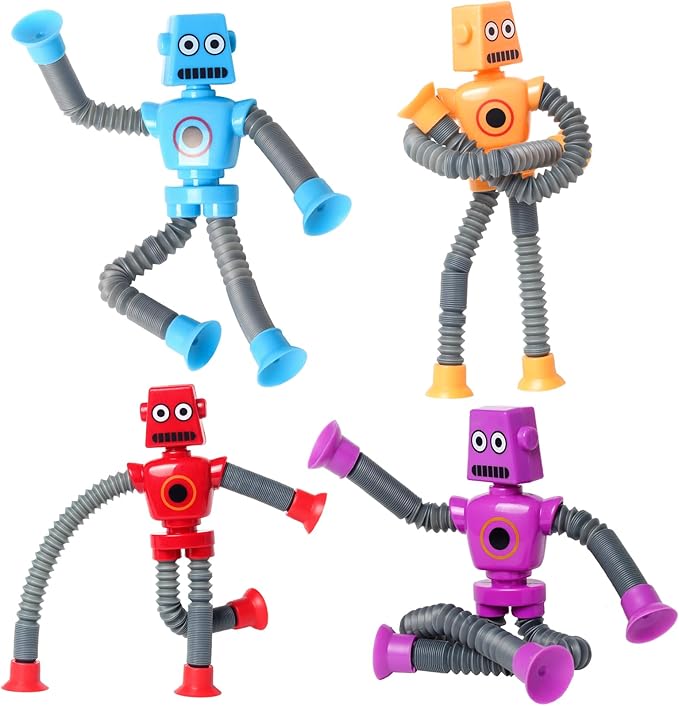 4 Pcs Telescopic Suction Cup Robot Fidget Toy, Coolest Pop Tubes Sensory Toys for Toddlers, Educational Toys Robot Party Favors for Anxiety Kids for 3-9 Year Old Boys Girls