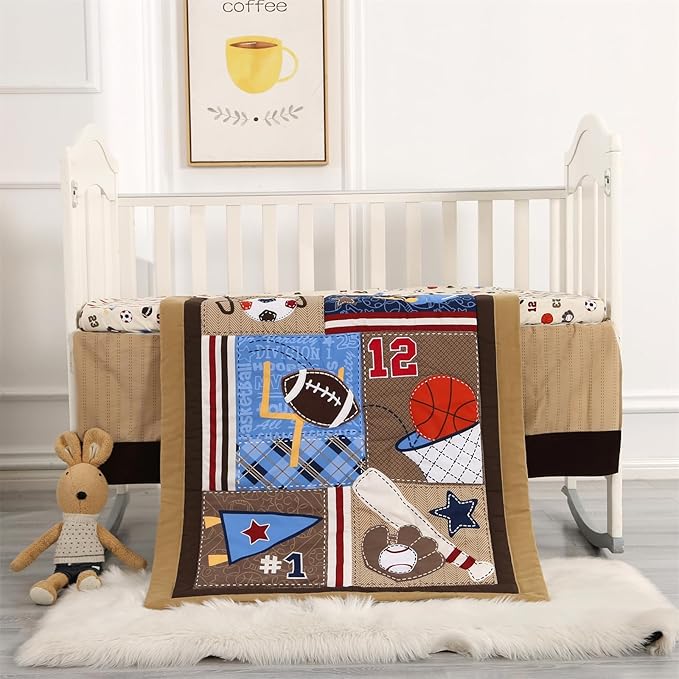 Wowelife Sports Crib Bedding Set for Boys, Premium 3-Piece Baby Bedding Set Brown Football Basketball Rugby Crib Bed Set Baseball Soft with Crib Comforter, Skirt and Sheet, Brown