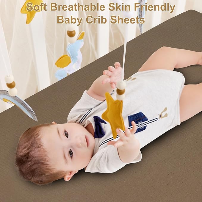 Muslin Mini Crib Sheets for Girls & Boys-2 Pack 24"x 38" Soft Baby Mattress Sheets Fitted-No Slip Neutral Toddler Cotton Bedding-Nursery Décor Taupe Brown & Light Beige