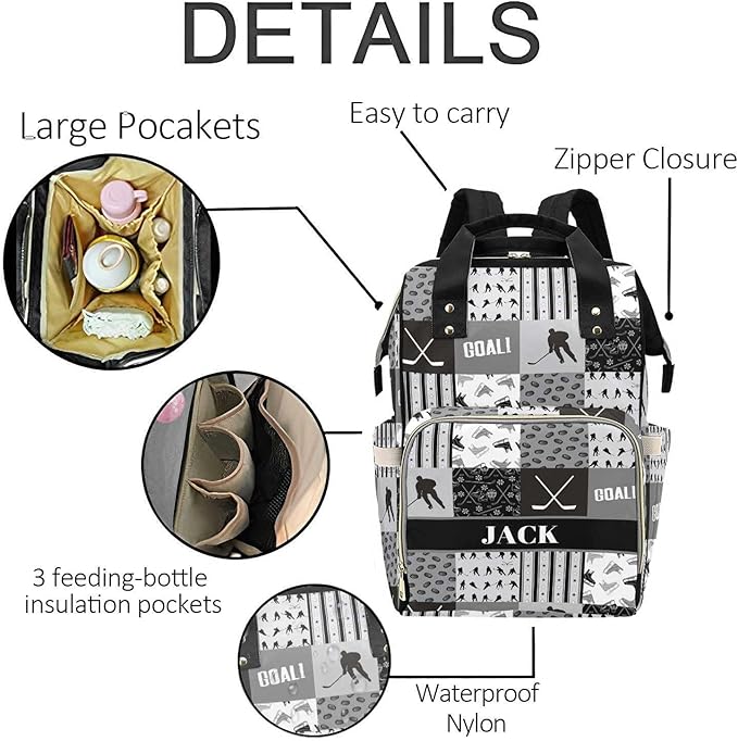 Custom Hockey Baby Diaper Bag with Name – Personalized Nursing Travel Tote Backpack for Mom or Dad, Custom Name Baby Daypack Gift