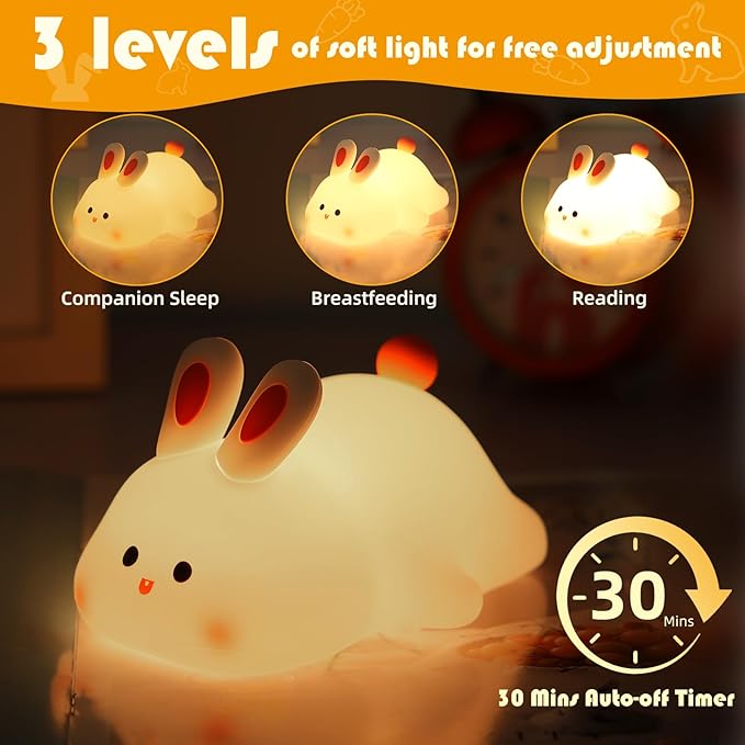 YISUN Bunny Night Light, Cute Silicone Nightlight for Baby Toddler, Rechargeable LED Nursery Lamp with Timer, 3 Level Dimmable Soft Squishy Night Lamp Gift for Bedroom Kids Room Decor