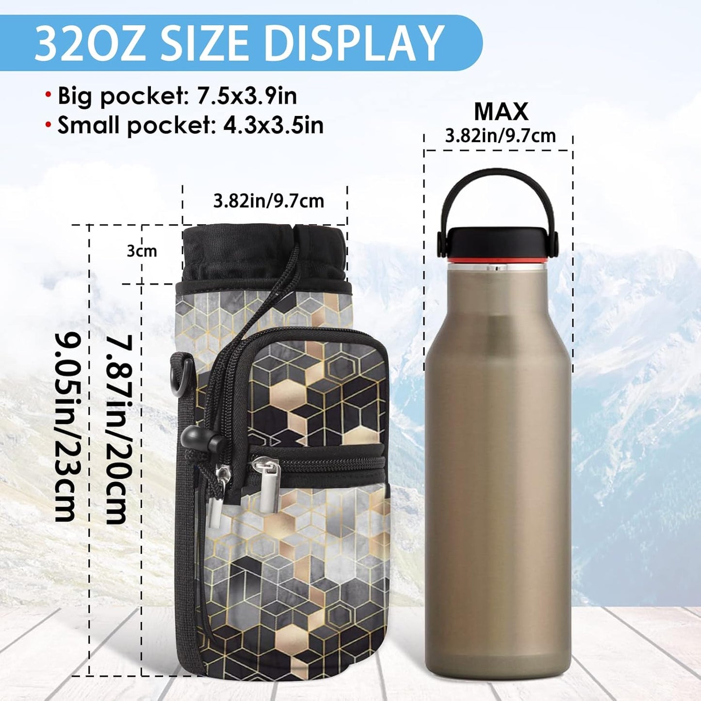 25/32/40/64oz Water Bottle Bag Holder Carrier-Insulated Crossbody Sling Case Sleeve with Strap & Pockets for Men Women Gym Cycling Travel Walking Hiking Camping